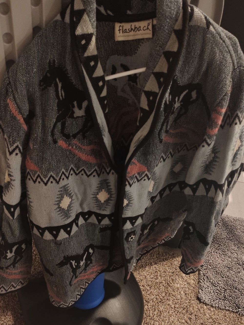 Flashback Aztec Horse Pattern Cardigan — Gray with Black & Coral Accents